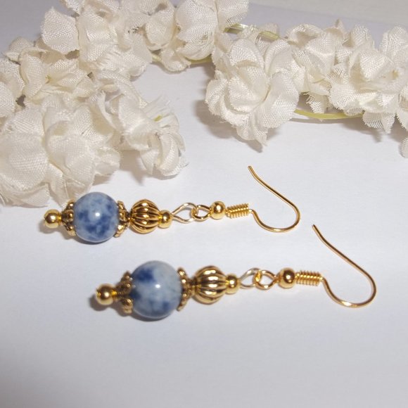 Blue Gold Earring Set Lapis Lazuli Beaded Fashion Jewelry Accessory Dangle 6333 - Picture 4 of 8